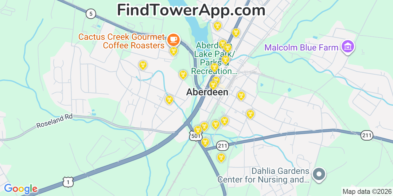 Map showing the 20 primary cell tower locations detected in Aberdeen, North Carolina from AT&T, Verizon, and T-Mobile networks