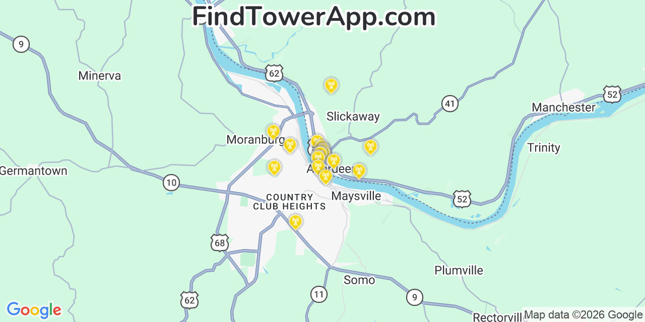 Map showing the 20 primary cell tower locations detected in Aberdeen, Ohio from AT&T, Verizon, and T-Mobile networks