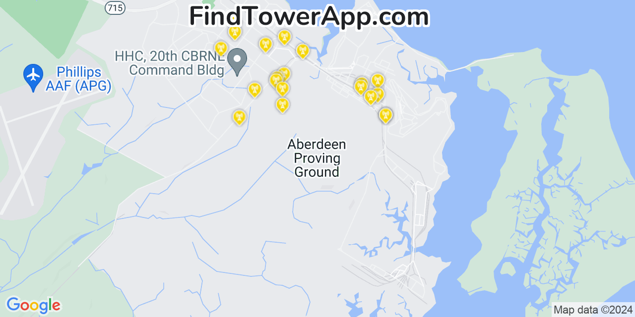 AT&T 4G/5G cell tower coverage map Aberdeen Proving Ground, Maryland