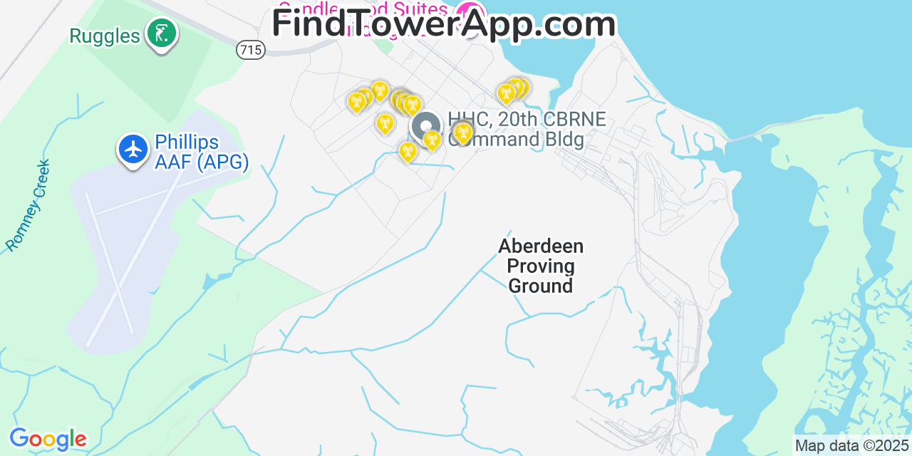 Map showing the 20 primary cell tower locations detected in Aberdeen Proving Ground, Maryland from AT&T, Verizon, and T-Mobile networks