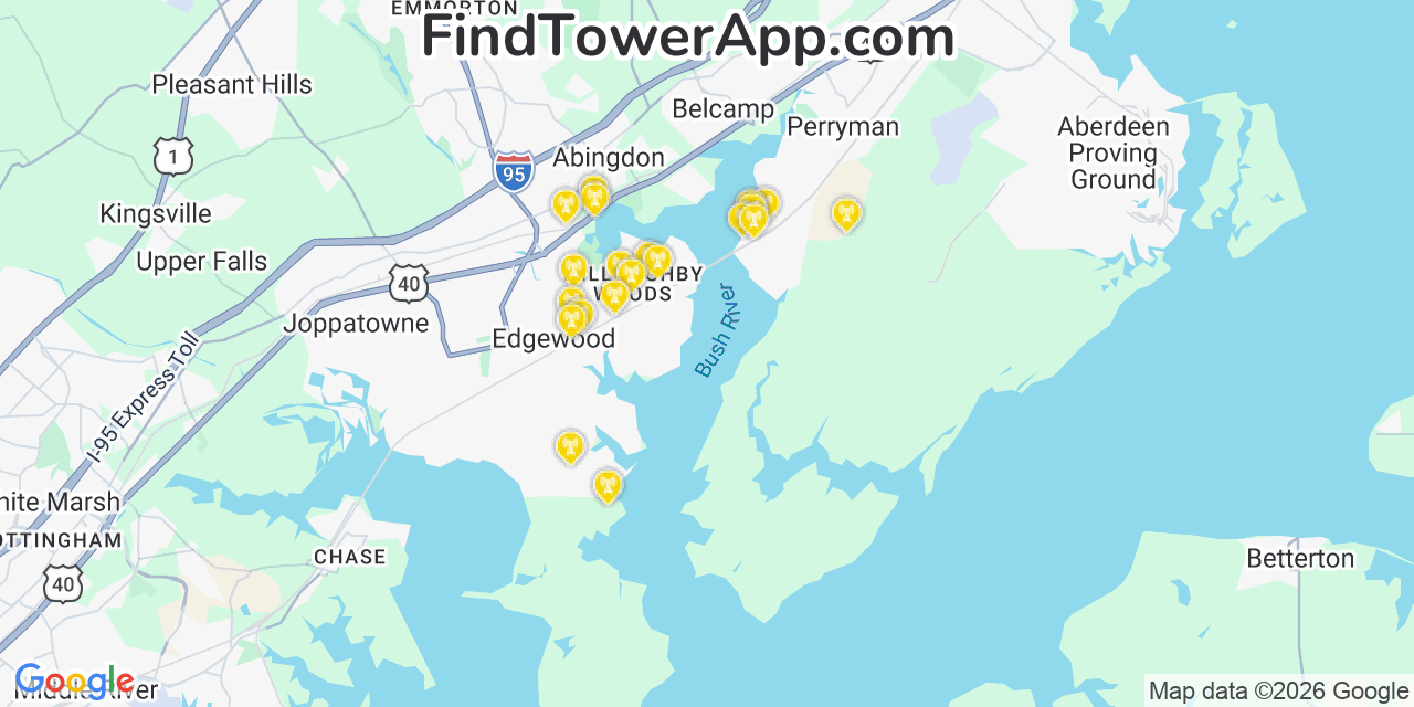 Map showing the 20 primary cell tower locations detected in Aberdeen Proving Ground, Maryland from AT&T, Verizon, and T-Mobile networks