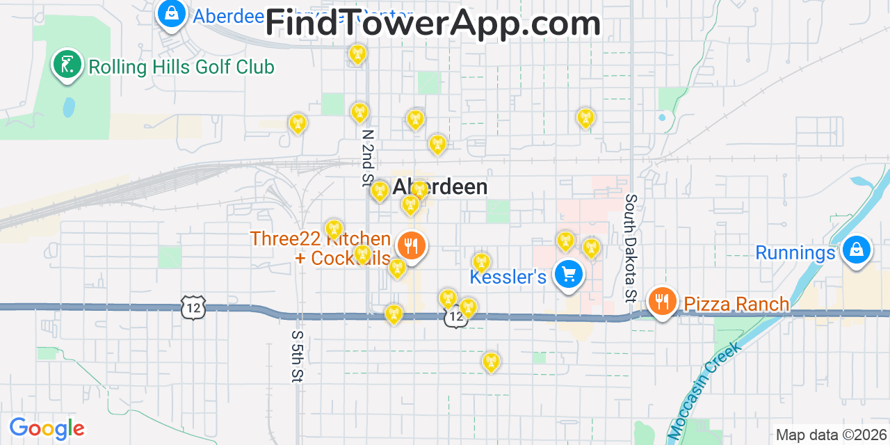 Map showing the 20 primary cell tower locations detected in Aberdeen, South Dakota from AT&T, Verizon, and T-Mobile networks