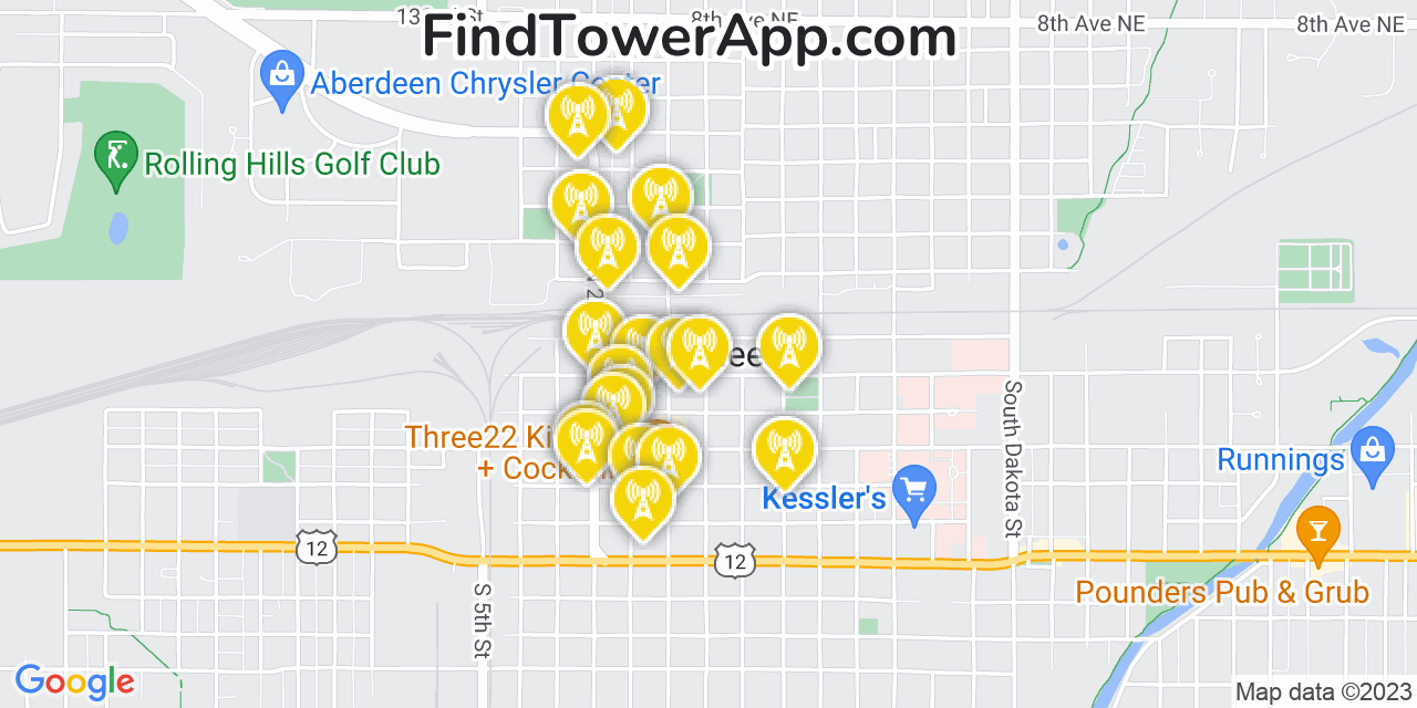 Verizon 4G/5G cell tower coverage map Aberdeen, South Dakota