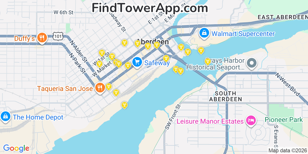 Map showing the 20 primary cell tower locations detected in Aberdeen, Washington from AT&T, Verizon, and T-Mobile networks