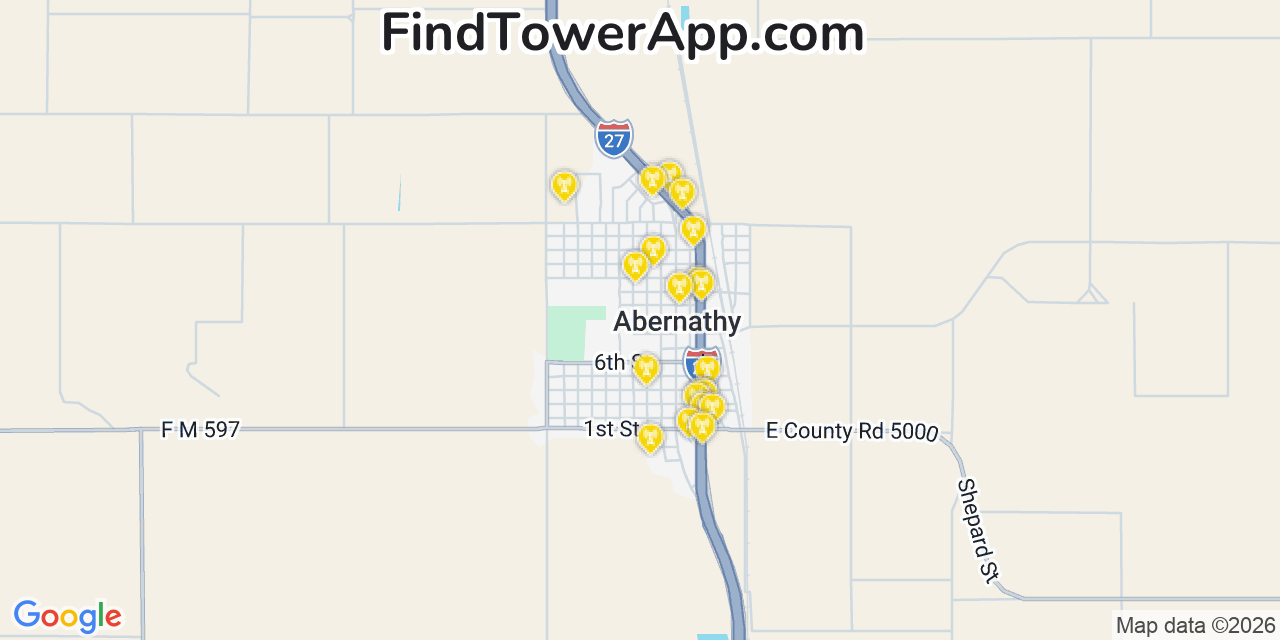 Map showing the 20 primary cell tower locations detected in Abernathy, Texas from AT&T, Verizon, and T-Mobile networks