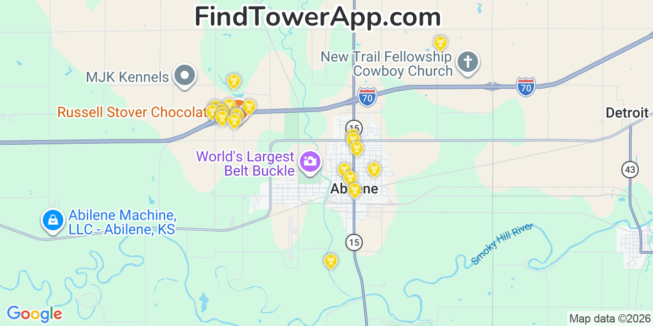 Map showing the 20 primary cell tower locations detected in Abilene, Kansas from AT&T, Verizon, and T-Mobile networks