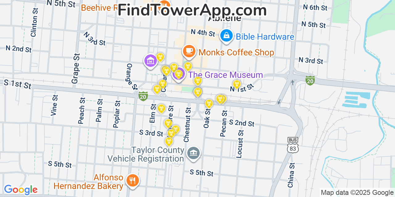 Map showing the 20 primary cell tower locations detected in Abilene, Texas from AT&T, Verizon, and T-Mobile networks