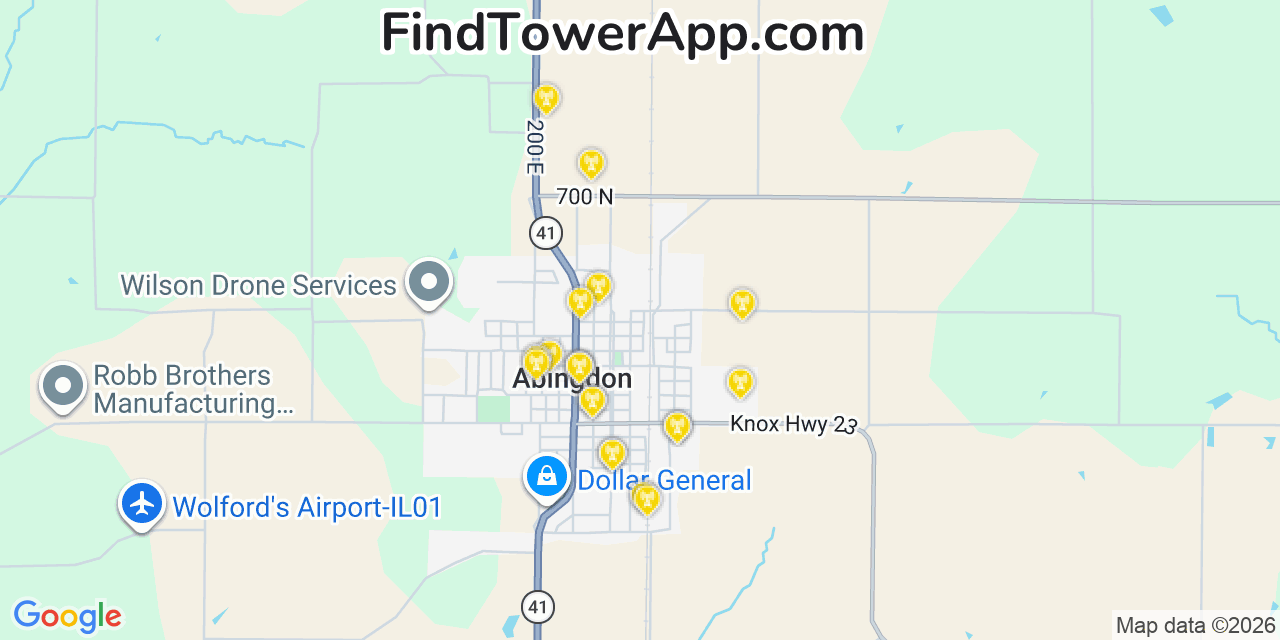 Map showing the 20 primary cell tower locations detected in Abingdon, Illinois from AT&T, Verizon, and T-Mobile networks