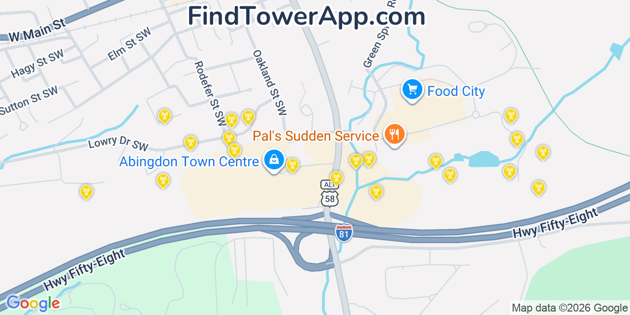 Map showing the 20 primary cell tower locations detected in Abingdon, Virginia from AT&T, Verizon, and T-Mobile networks