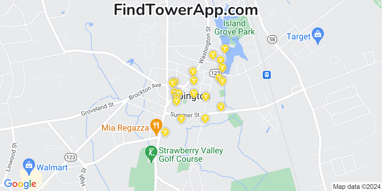 AT&T 4G/5G cell tower coverage map Abington, Massachusetts