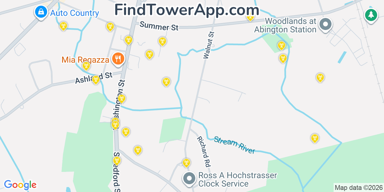 Map showing the 20 primary cell tower locations detected in Abington, Massachusetts from AT&T, Verizon, and T-Mobile networks
