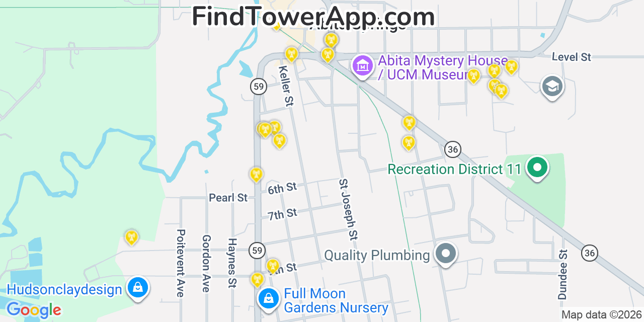 Map showing the 20 primary cell tower locations detected in Abita Springs, Louisiana from AT&T, Verizon, and T-Mobile networks