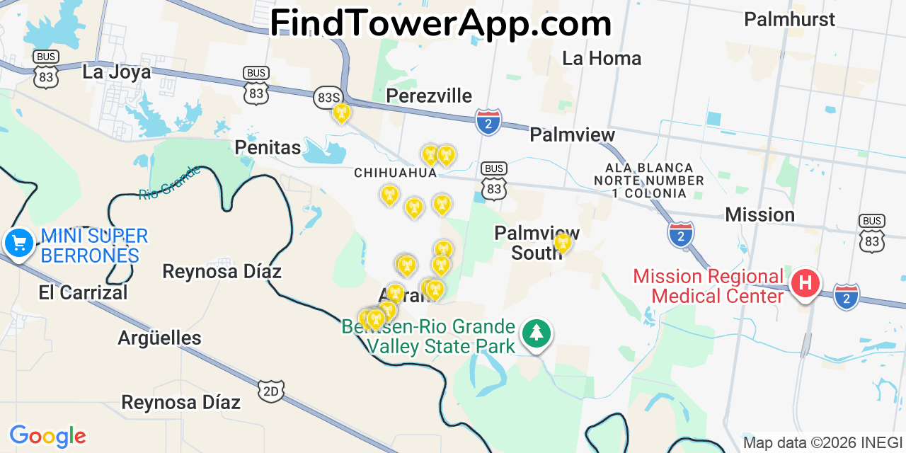 Map showing the 20 primary cell tower locations detected in Abram, Texas from AT&T, Verizon, and T-Mobile networks