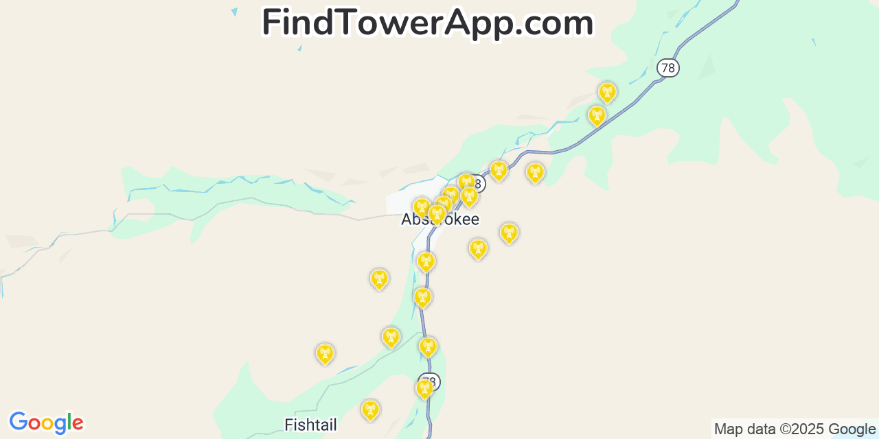 Map showing the 20 primary cell tower locations detected in Absarokee, Montana from AT&T, Verizon, and T-Mobile networks