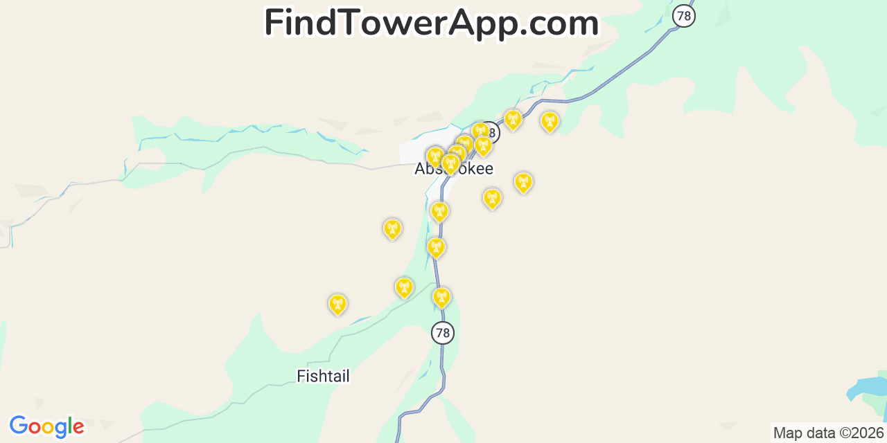 Map showing the 20 primary cell tower locations detected in Absarokee, Montana from AT&T, Verizon, and T-Mobile networks