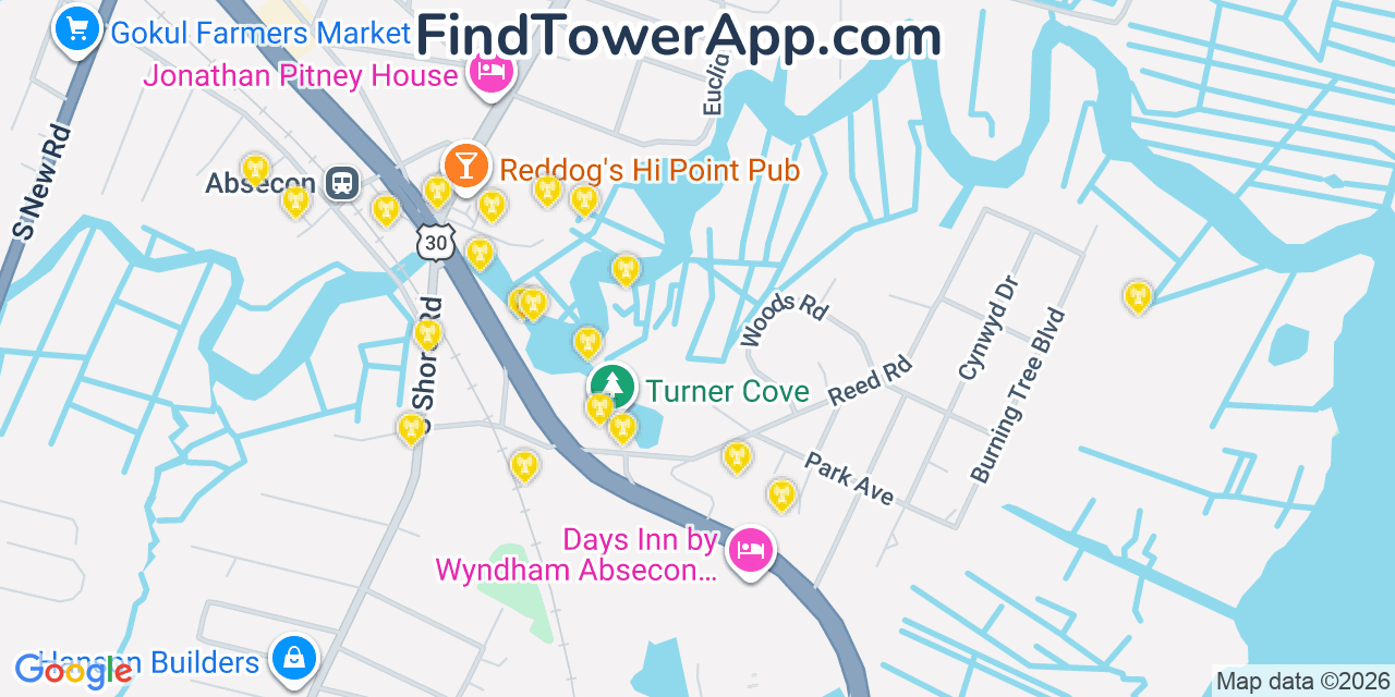 Map showing the 20 primary cell tower locations detected in Absecon, New Jersey from AT&T, Verizon, and T-Mobile networks