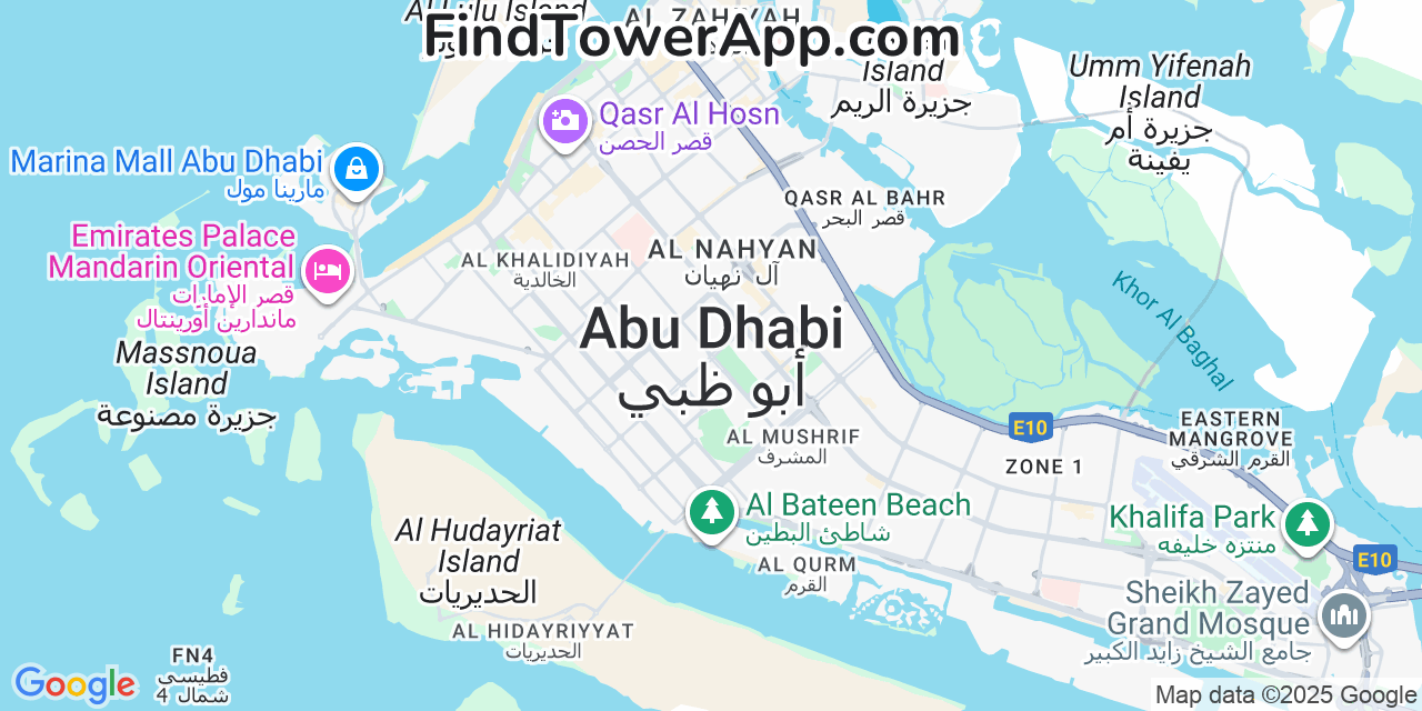 Map showing the 0 primary Etisalat cell tower locations detected in Abu Dhabi, United Arab Emirates with coverage radius and signal strength indicators