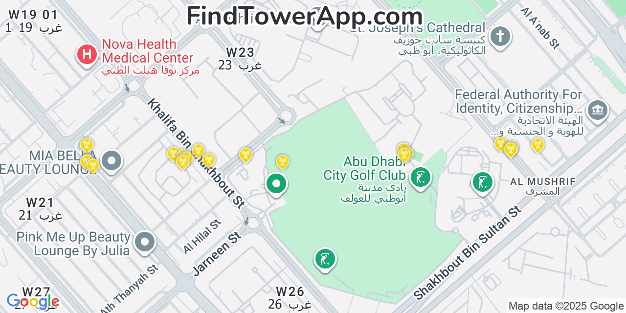 Map showing the 20 primary cell tower locations detected in Abu Dhabi, United Arab Emirates with coverage areas and signal strength