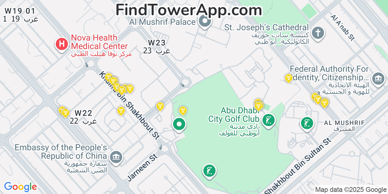 Map showing the 0 primary du cell tower locations detected in Abu Dhabi, United Arab Emirates with coverage radius and signal strength indicators