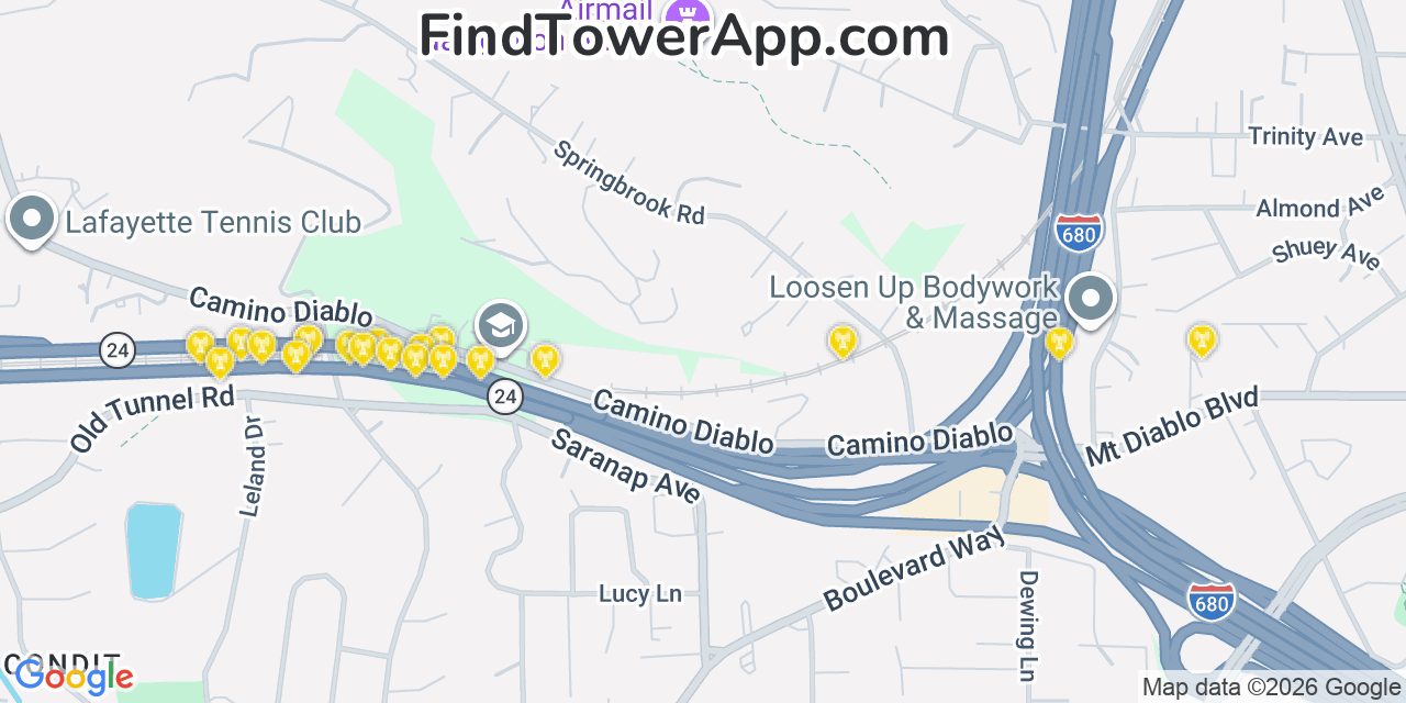 Map showing the 20 primary cell tower locations detected in Acalanes Ridge, California from AT&T, Verizon, and T-Mobile networks