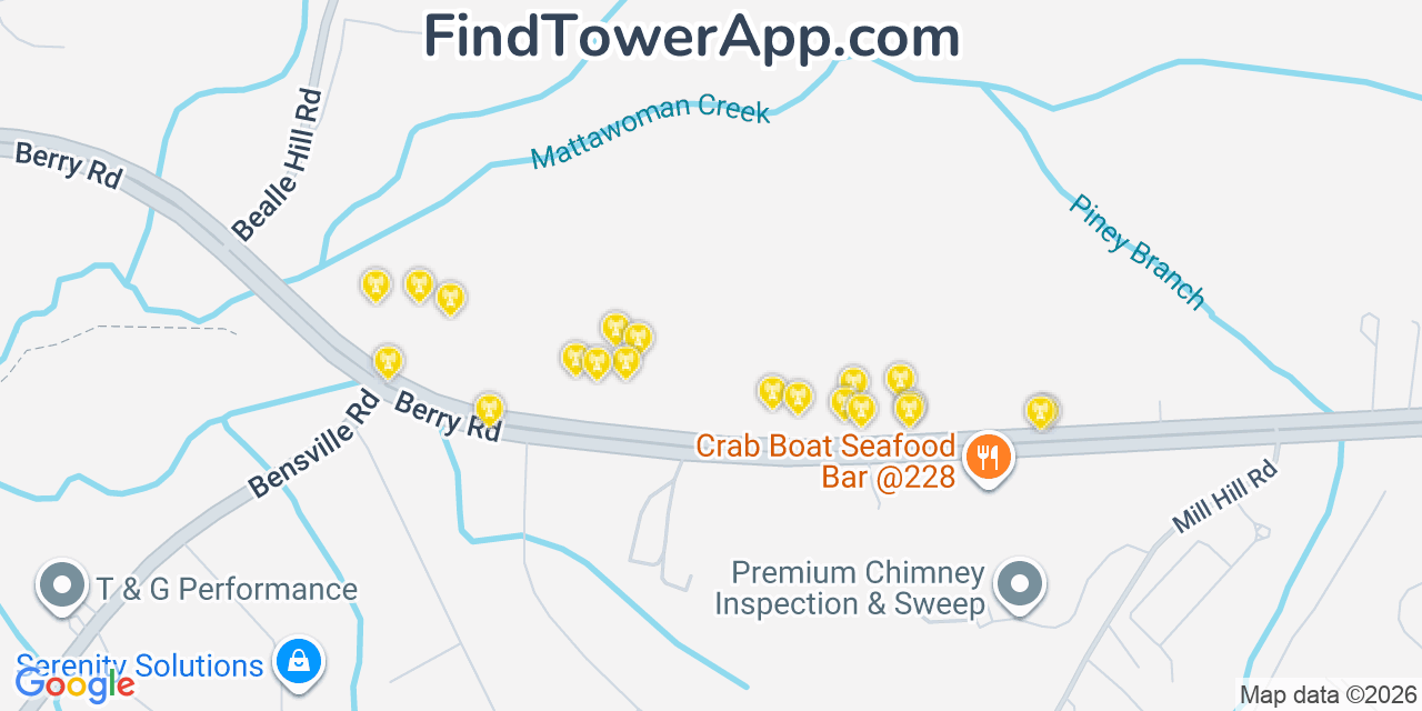 Map showing the 20 primary cell tower locations detected in Accokeek, Maryland from AT&T, Verizon, and T-Mobile networks