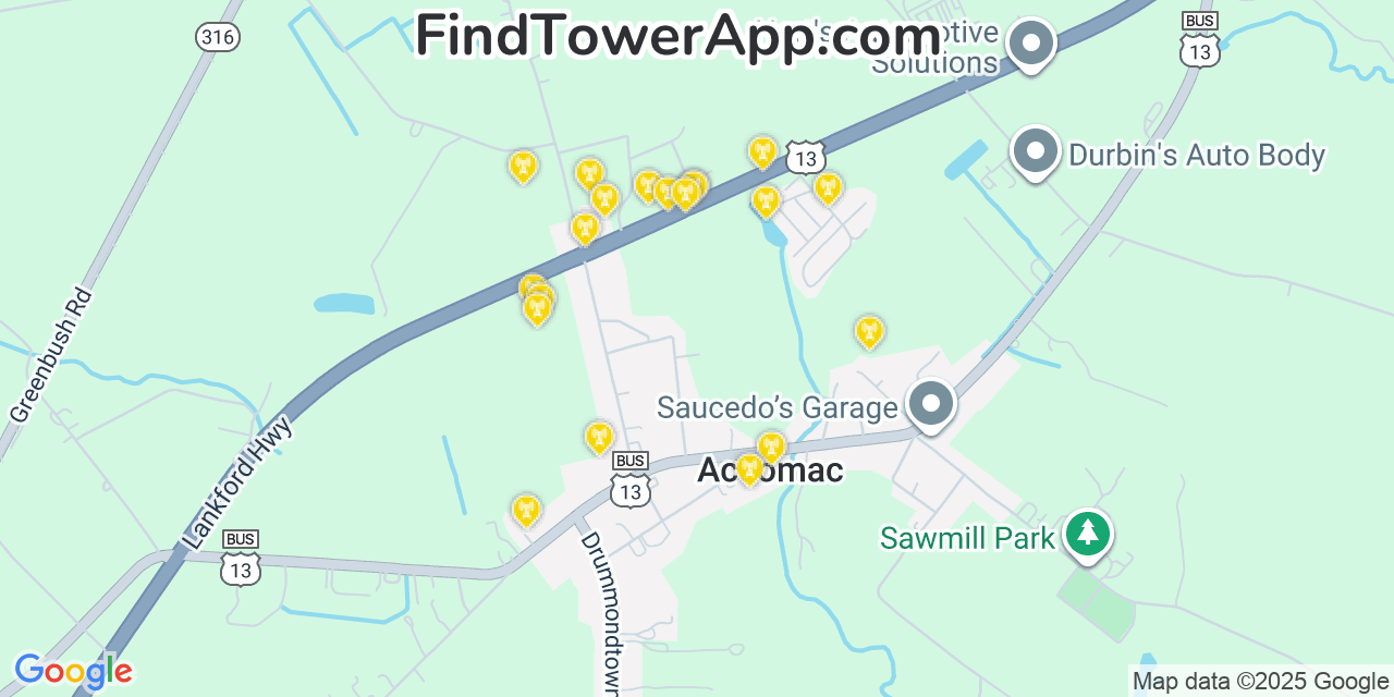 Map showing the 20 primary cell tower locations detected in Accomac, Virginia from AT&T, Verizon, and T-Mobile networks