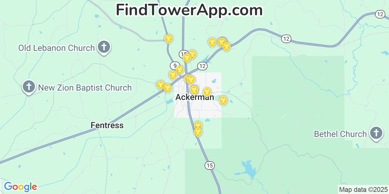 Map showing the 20 primary cell tower locations detected in Ackerman, Mississippi from AT&T, Verizon, and T-Mobile networks