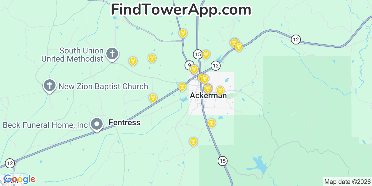 Map showing the 20 primary cell tower locations detected in Ackerman, Mississippi from AT&T, Verizon, and T-Mobile networks