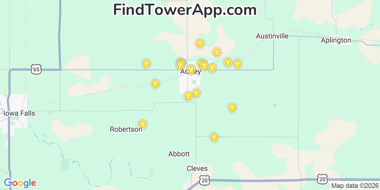 Map showing the 20 primary cell tower locations detected in Ackley, Iowa from AT&T, Verizon, and T-Mobile networks