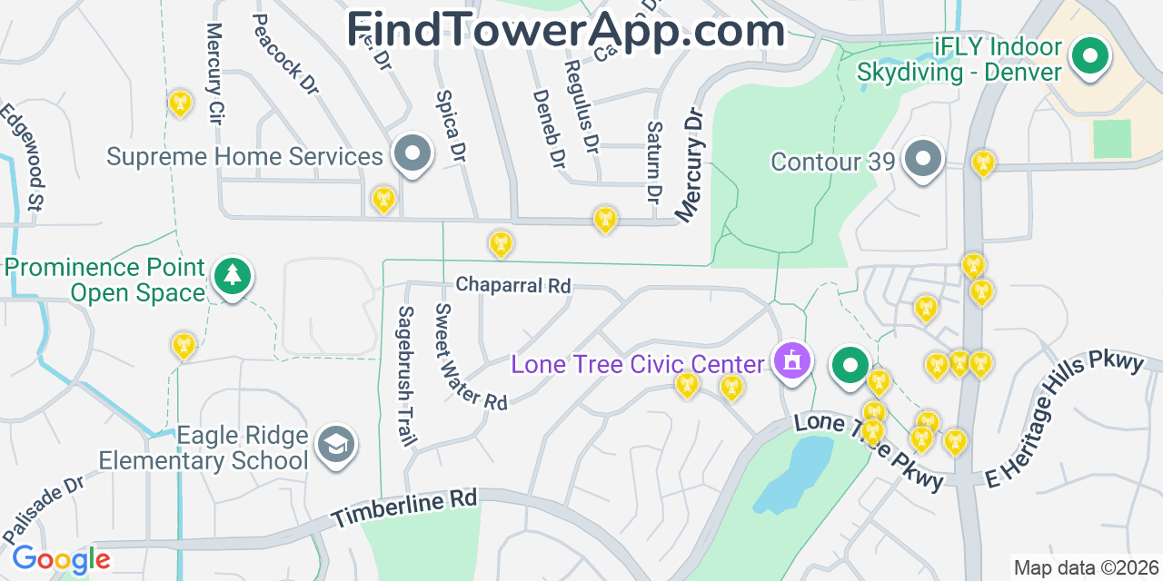 Map showing the 20 primary cell tower locations detected in Acres Green, Colorado from AT&T, Verizon, and T-Mobile networks