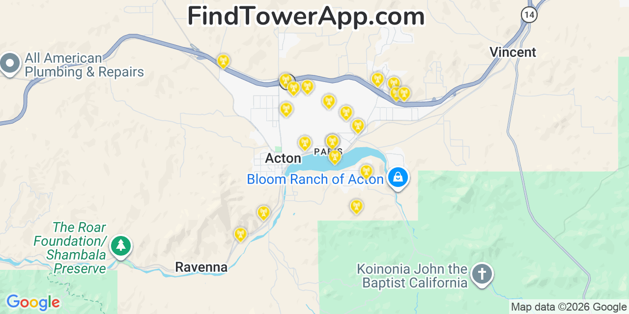 Map showing the 20 primary cell tower locations detected in Acton, California from AT&T, Verizon, and T-Mobile networks