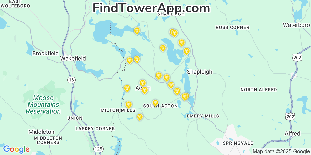 Map showing the 20 primary cell tower locations detected in Acton, Maine from AT&T, Verizon, and T-Mobile networks