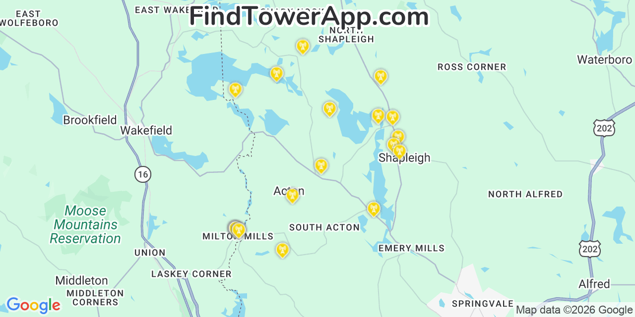 Map showing the 20 primary cell tower locations detected in Acton, Maine from AT&T, Verizon, and T-Mobile networks