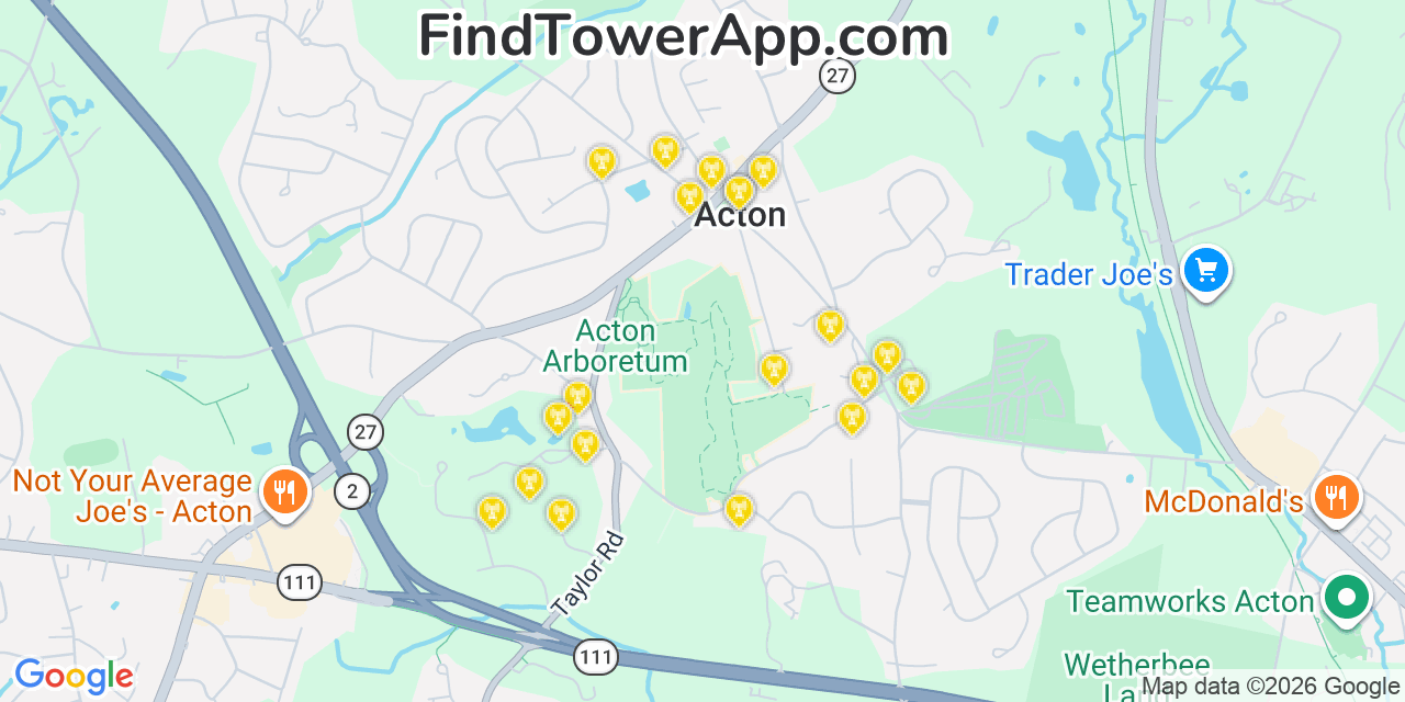 Map showing the 20 primary cell tower locations detected in Acton, Massachusetts from AT&T, Verizon, and T-Mobile networks