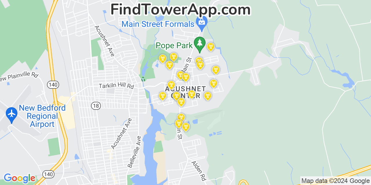 AT&T 4G/5G cell tower coverage map Acushnet Center, Massachusetts