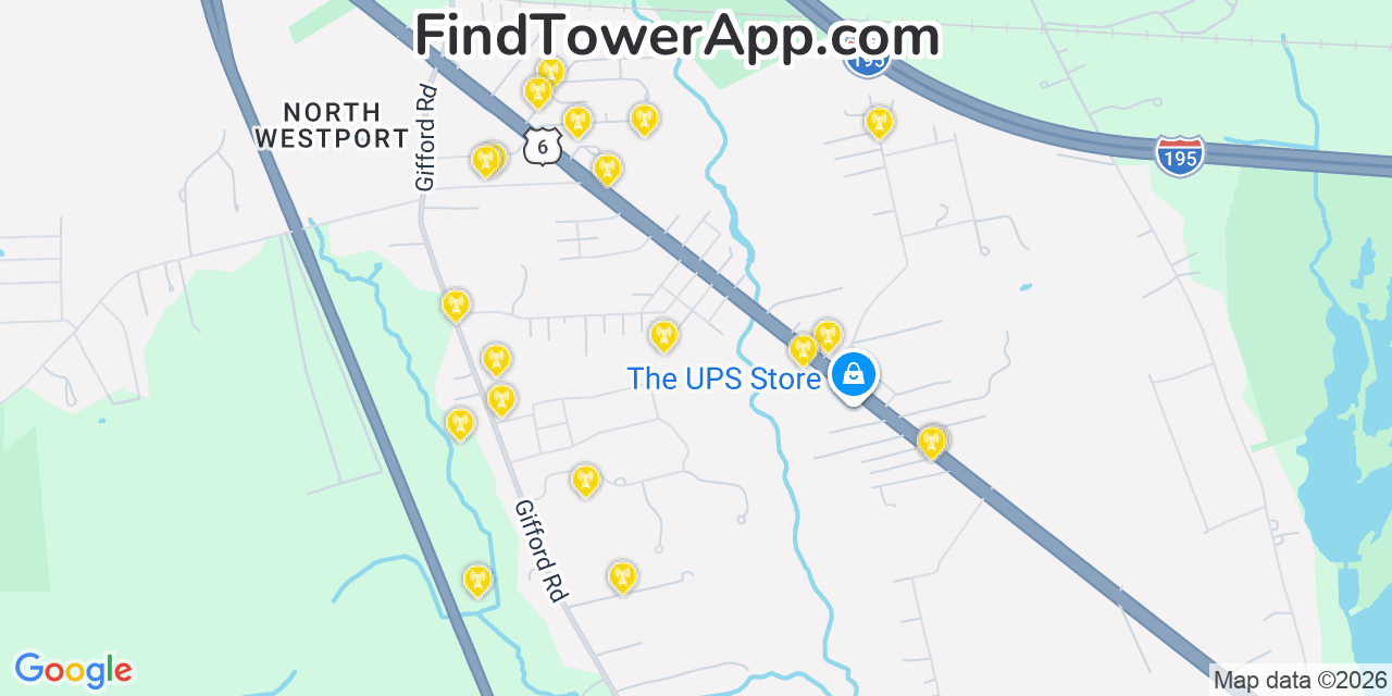 Map showing the 20 primary cell tower locations detected in Acushnet Center, Massachusetts from AT&T, Verizon, and T-Mobile networks