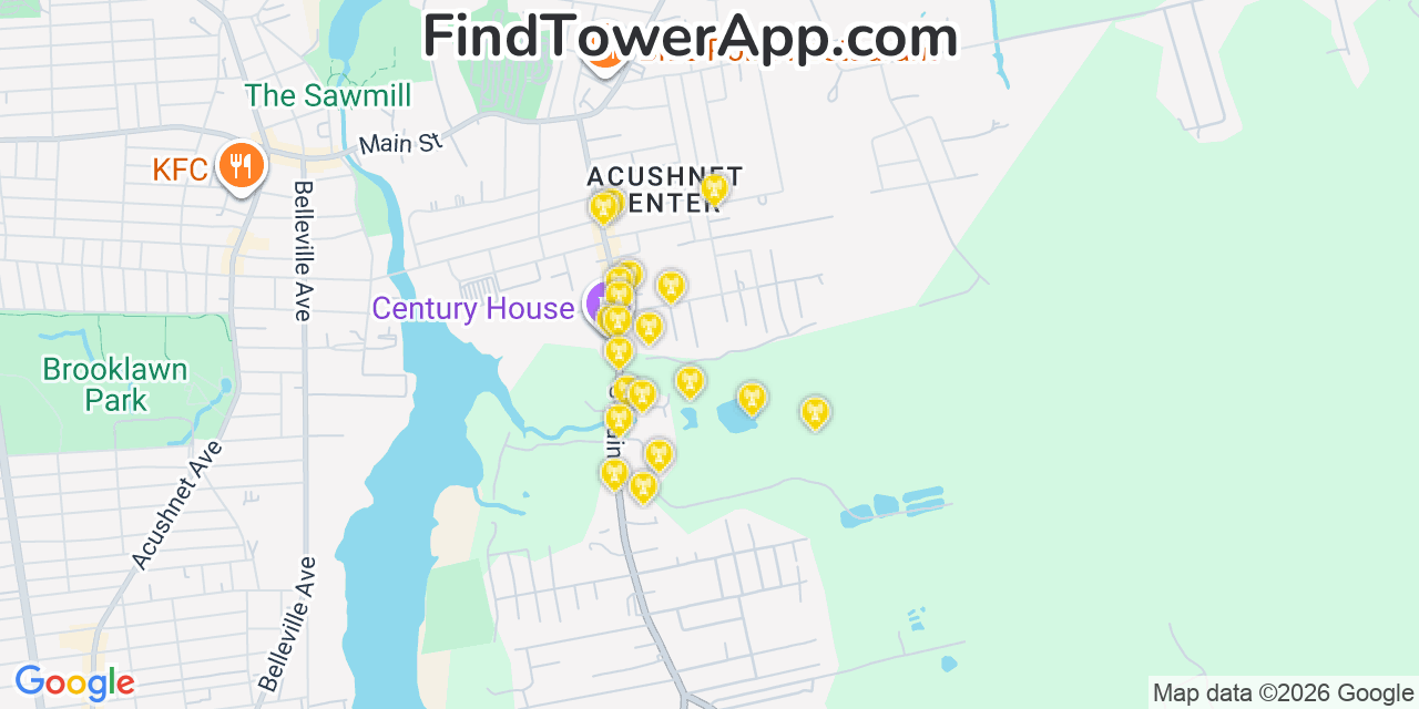Map showing the 20 primary cell tower locations detected in Acushnet, Massachusetts from AT&T, Verizon, and T-Mobile networks
