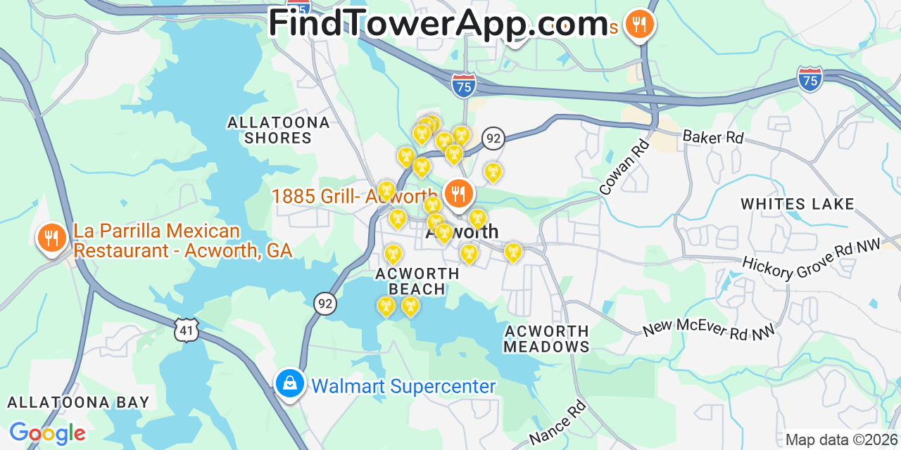 Map showing the 20 primary cell tower locations detected in Acworth, Georgia from AT&T, Verizon, and T-Mobile networks