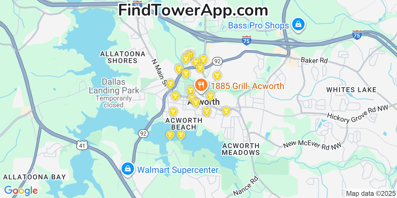 Map showing the 20 primary Mobitel cell tower locations detected in Acworth, Georgia with coverage radius and signal strength indicators