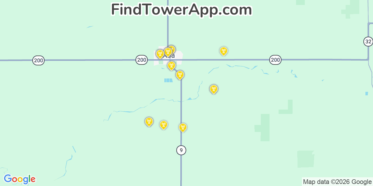 Map showing the 20 primary cell tower locations detected in Ada, Minnesota from AT&T, Verizon, and T-Mobile networks