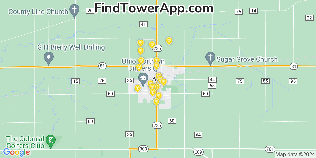 AT&T 4G/5G cell tower coverage map Ada, Ohio