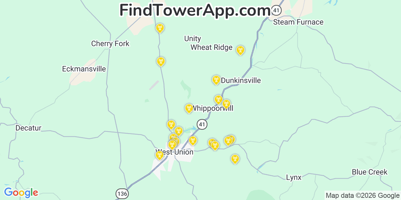 Map showing the 20 primary cell tower locations detected in Ada, Ohio from AT&T, Verizon, and T-Mobile networks