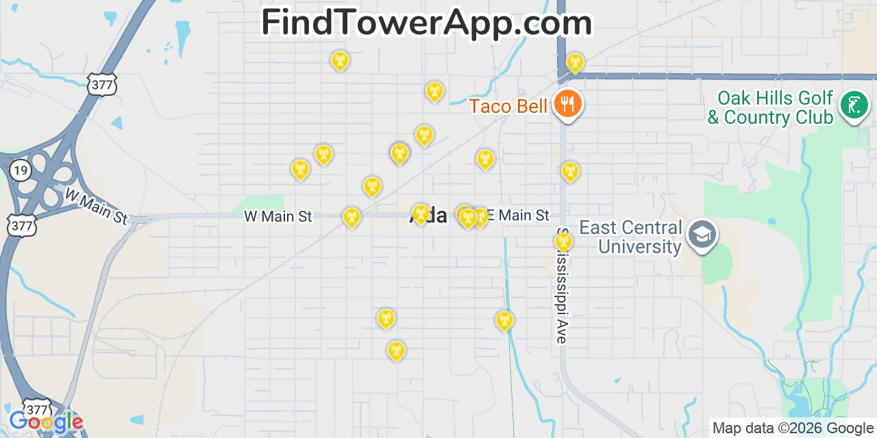 Map showing the 20 primary cell tower locations detected in Ada, Oklahoma from AT&T, Verizon, and T-Mobile networks