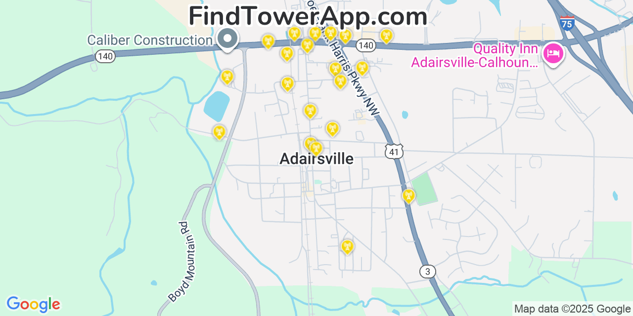 Map showing the 20 primary cell tower locations detected in Adairsville, Georgia from AT&T, Verizon, and T-Mobile networks