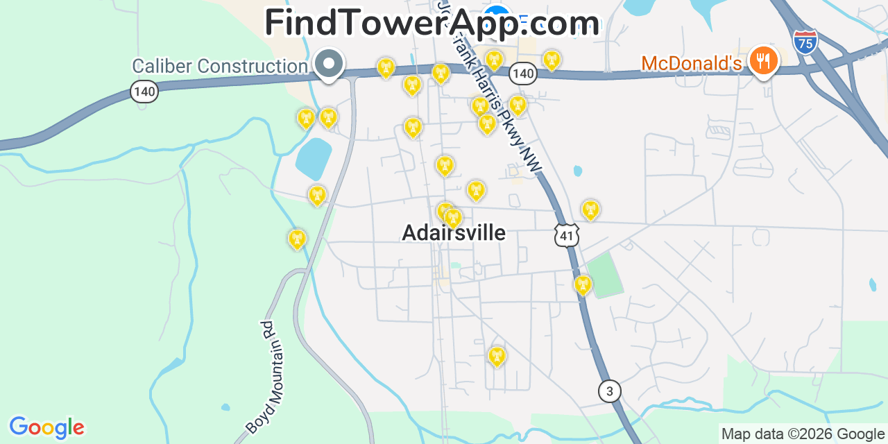 Map showing the 20 primary cell tower locations detected in Adairsville, Georgia from AT&T, Verizon, and T-Mobile networks