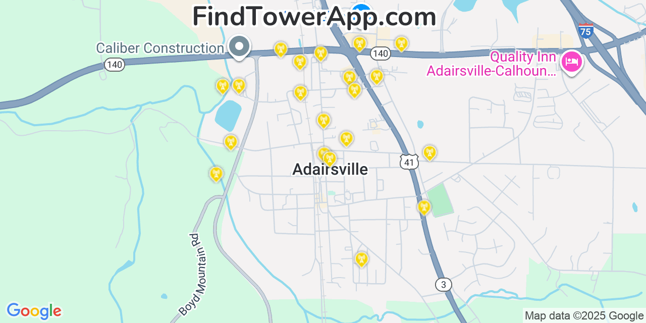 Map showing the 20 primary Mobitel cell tower locations detected in Adairsville, Georgia with coverage radius and signal strength indicators