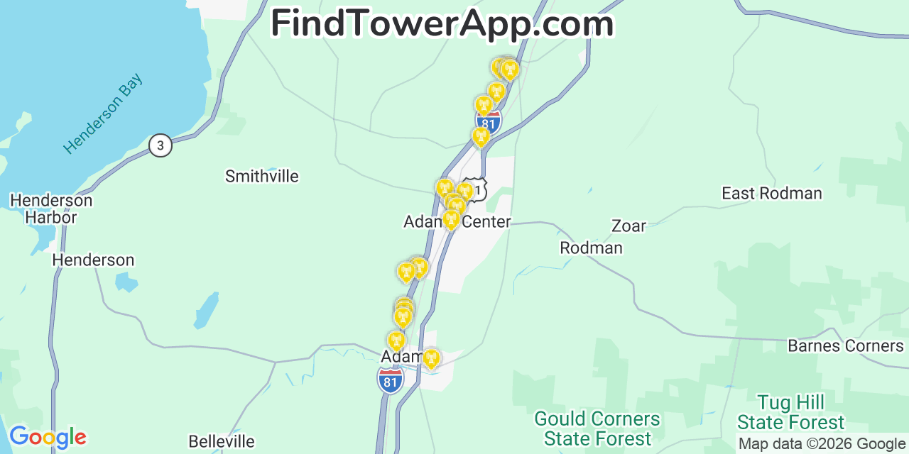 Map showing the 20 primary cell tower locations detected in Adams Center, New York from AT&T, Verizon, and T-Mobile networks