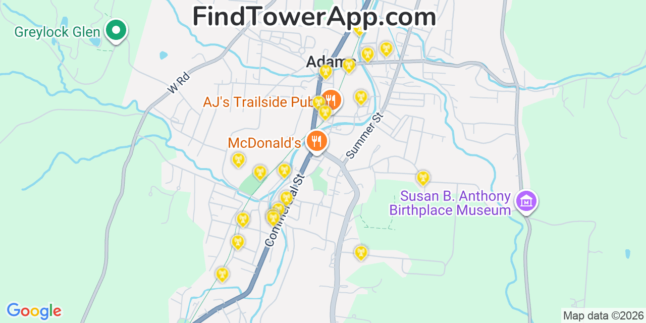 Map showing the 20 primary cell tower locations detected in Adams, Massachusetts from AT&T, Verizon, and T-Mobile networks