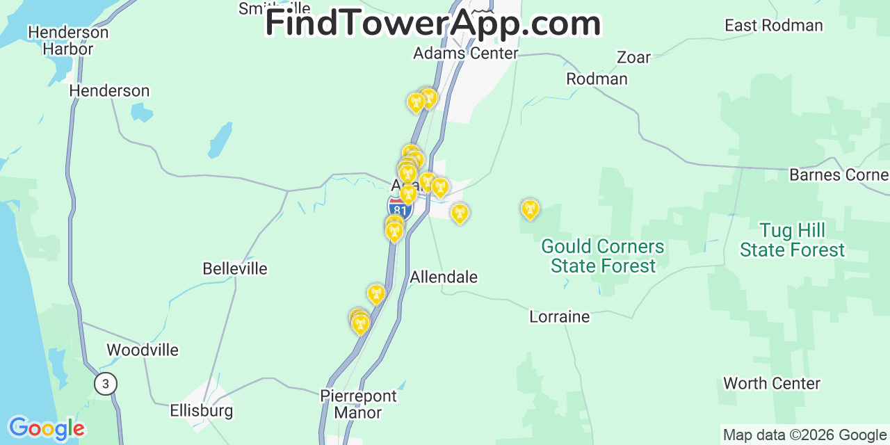 Map showing the 20 primary cell tower locations detected in Adams, New York from AT&T, Verizon, and T-Mobile networks