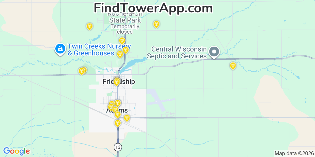 Map showing the 20 primary cell tower locations detected in Adams, Wisconsin from AT&T, Verizon, and T-Mobile networks
